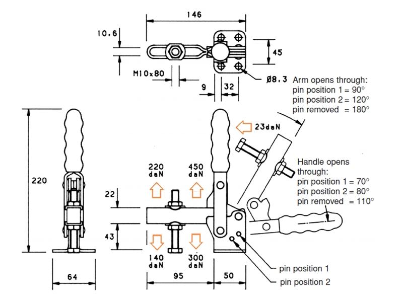 V350/2B Flanged Base Adjustable Spindle Vertical Toggle Clamps